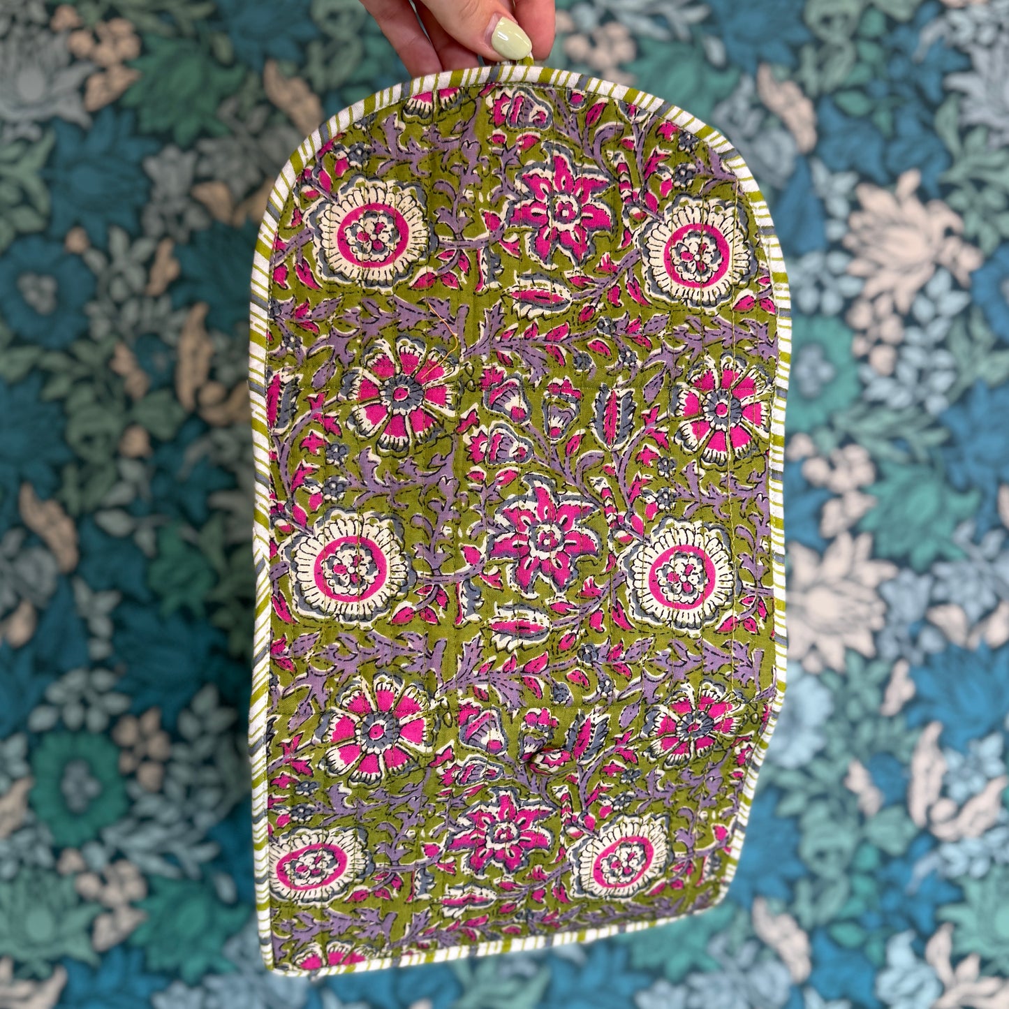 Quilted Really Useful Pouch (Green with Pink Flowers & Striped Lining)