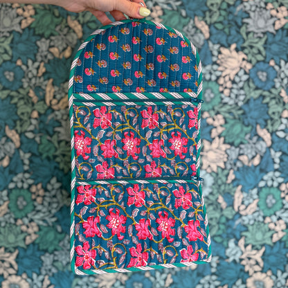 Quilted Really Useful Pouch (Blue with Pink Flowers & Blue Lining)