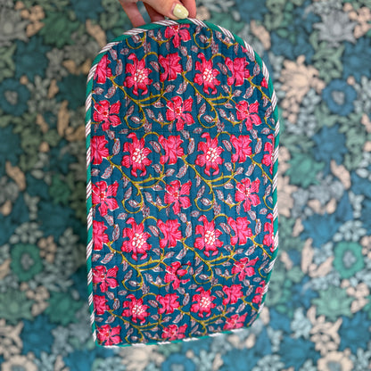 Quilted Really Useful Pouch (Blue with Pink Flowers & Blue Lining)