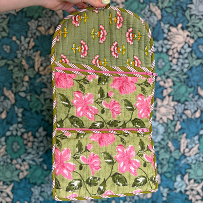 Quilted Really Useful Pouch (Light Green with Pink Flowers & Pink Floral Lining)