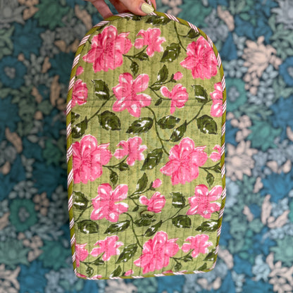 Quilted Really Useful Pouch (Light Green with Pink Flowers & Pink Floral Lining)