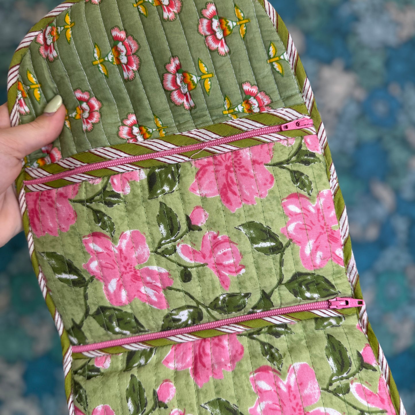 Quilted Really Useful Pouch (Light Green with Pink Flowers & Pink Floral Lining)