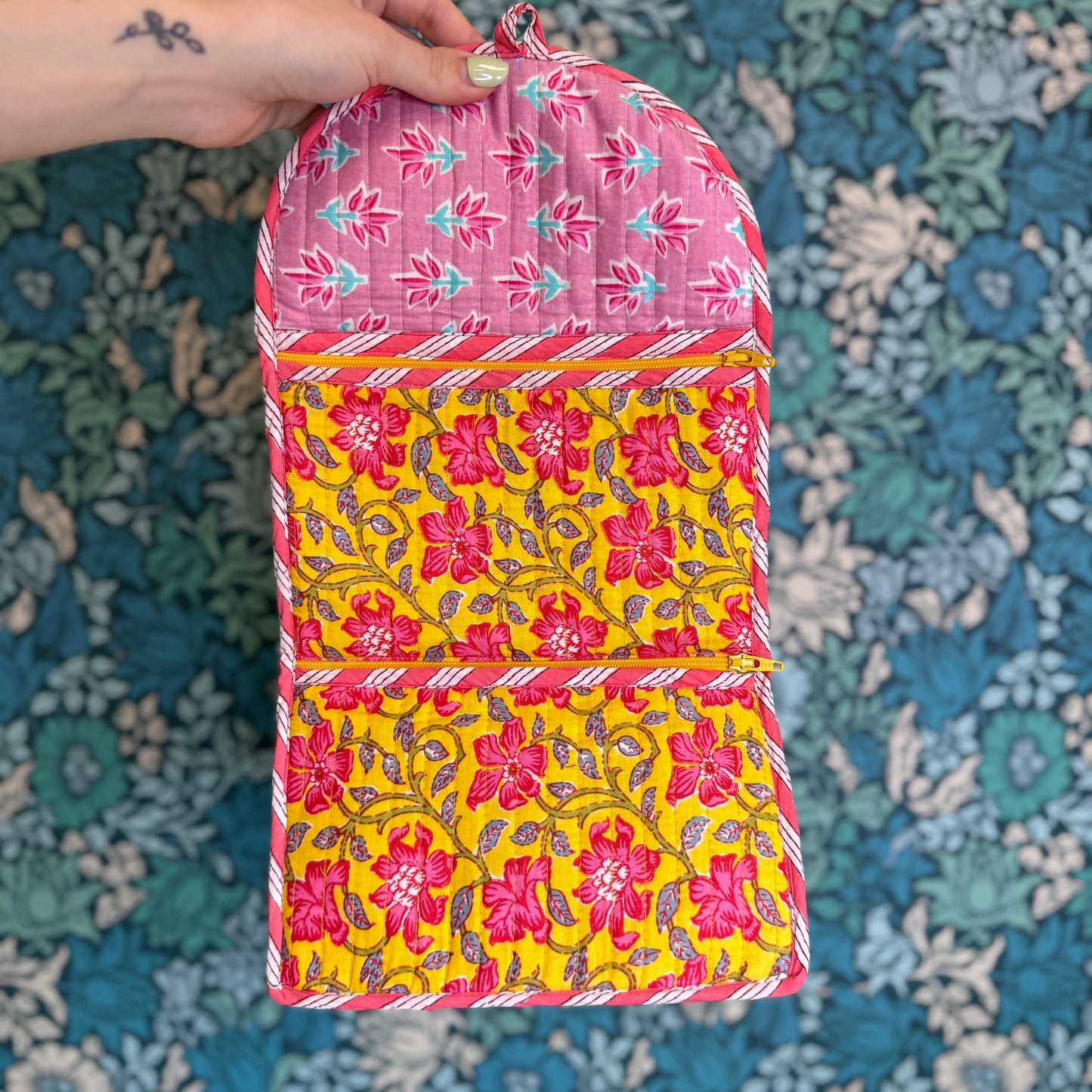 Quilted Really Useful Pouch (Yellow with Pink Flowers)