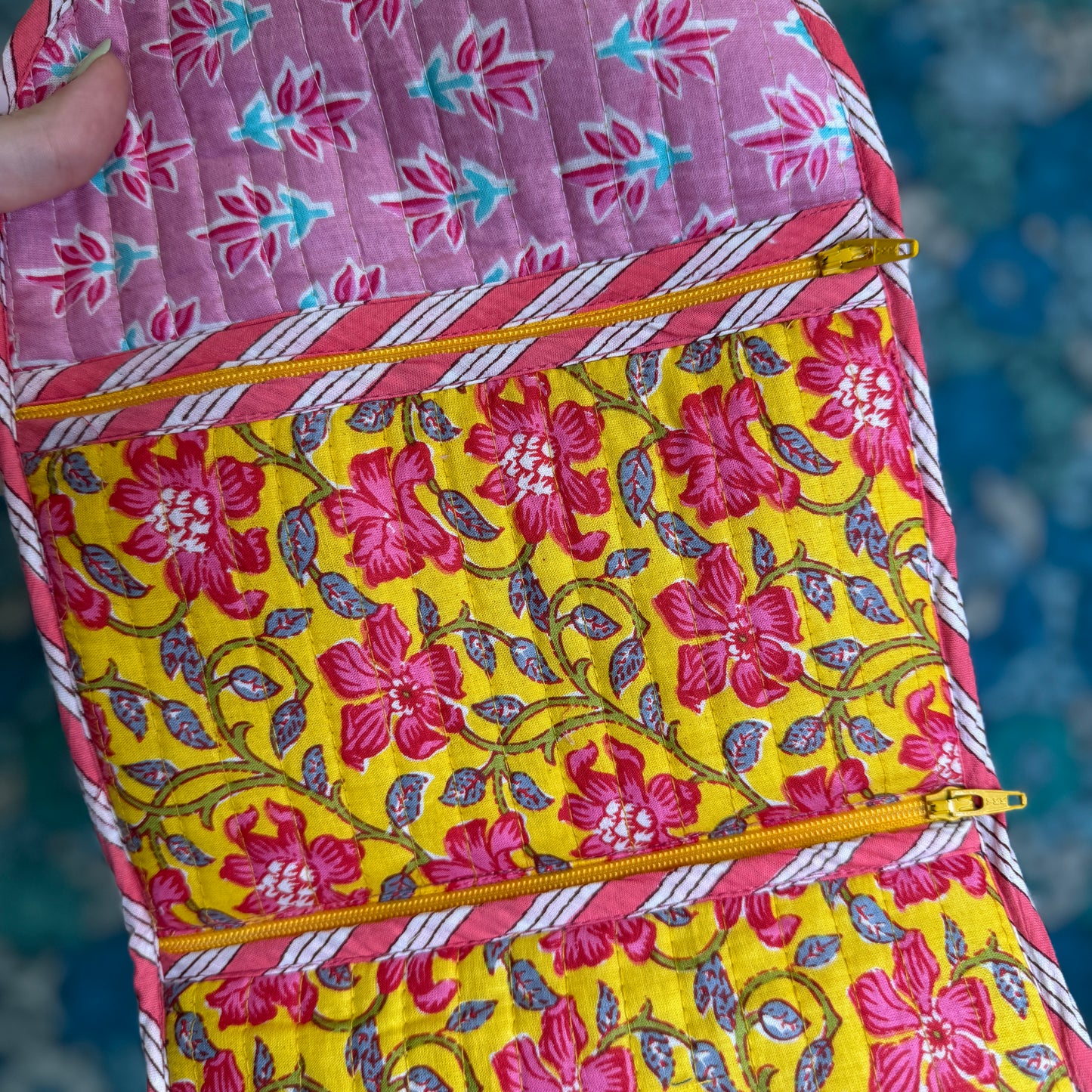 Quilted Really Useful Pouch (Yellow with Pink Flowers)