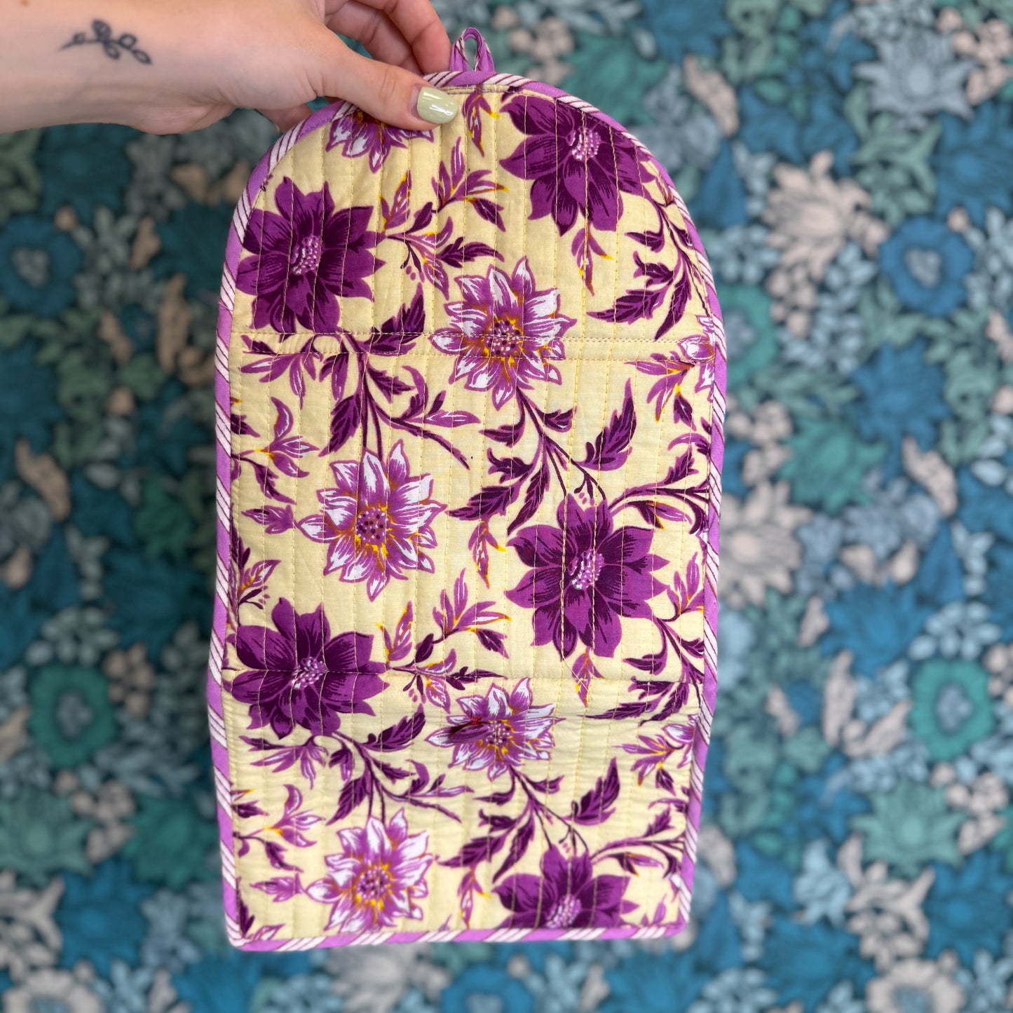 Quilted Really Useful Pouch (Cream with Purple Flowers)