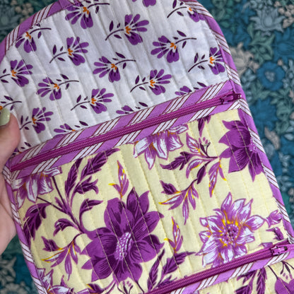 Quilted Really Useful Pouch (Cream with Purple Flowers)