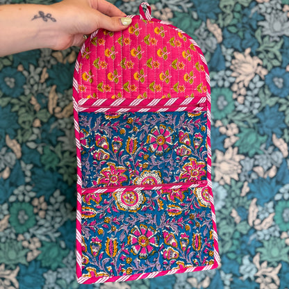 Quilted Really Useful Pouch (Blue with Pink Flowers & Pink Lining)