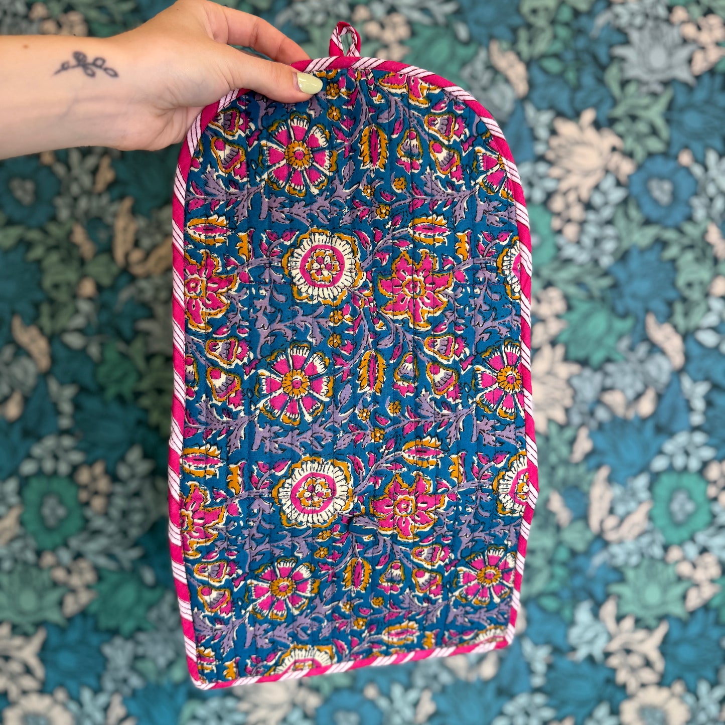 Quilted Really Useful Pouch (Blue with Pink Flowers & Pink Lining)