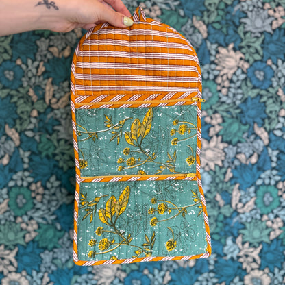 Quilted Really Useful Pouch (Teal with Golden Leaves)