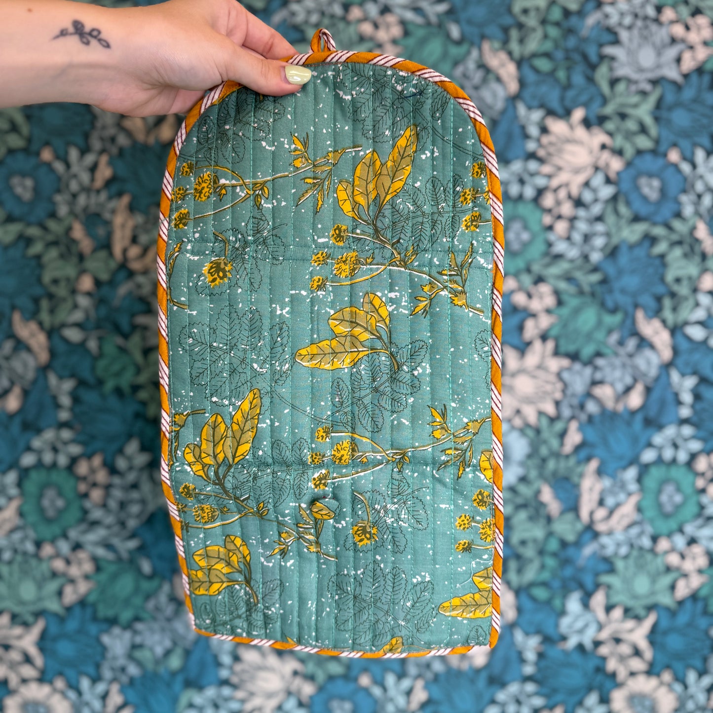 Quilted Really Useful Pouch (Teal with Golden Leaves)