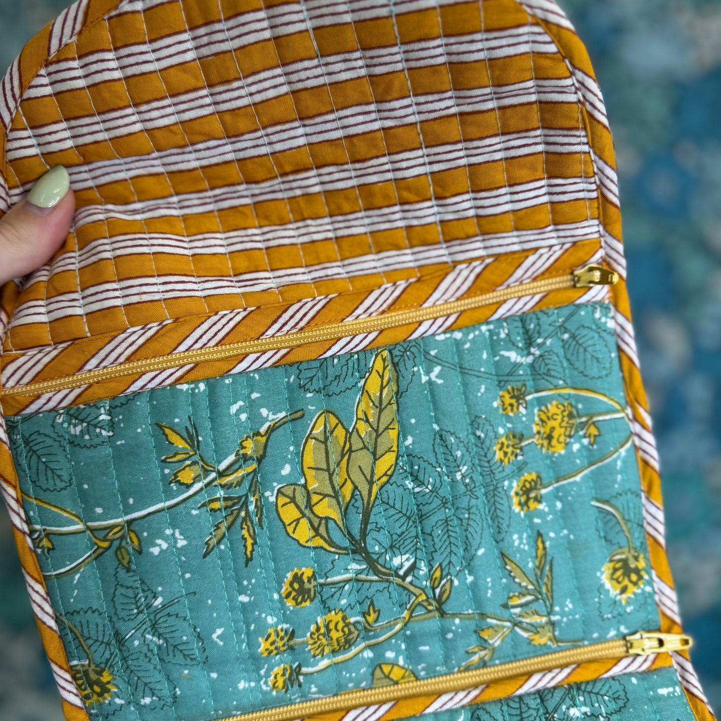 Quilted Really Useful Pouch (Teal with Golden Leaves)