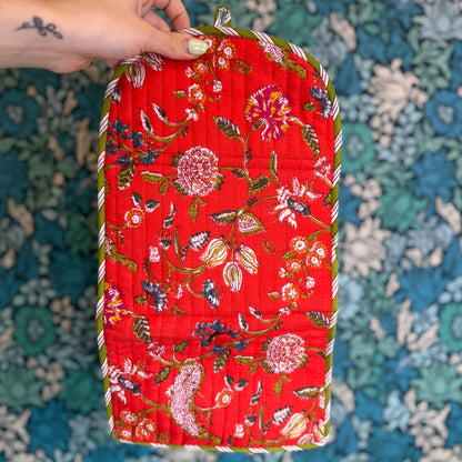 Quilted Really Useful Pouch (Red with Colourful Flowers)