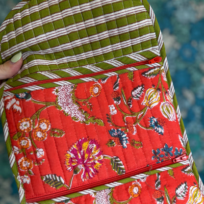 Quilted Really Useful Pouch (Red with Colourful Flowers)