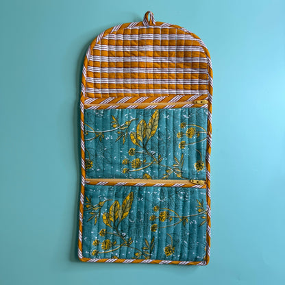 Quilted Really Useful Pouch (Teal with Golden Leaves)