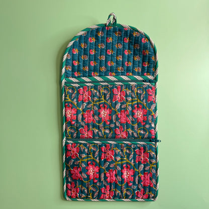 Quilted Really Useful Pouch (Blue with Pink Flowers & Blue Lining)