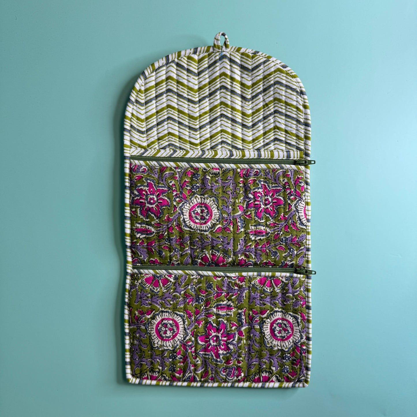 Quilted Really Useful Pouch (Green with Pink Flowers & Striped Lining)