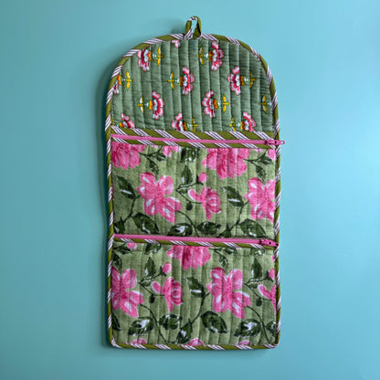 Quilted Really Useful Pouch (Light Green with Pink Flowers & Pink Floral Lining)