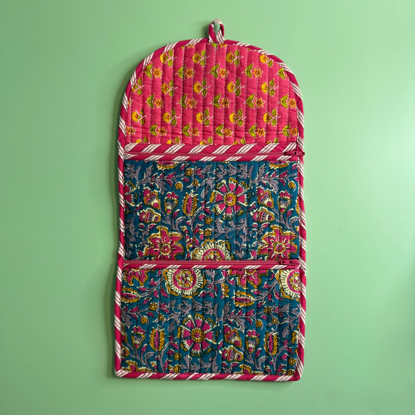 Quilted Really Useful Pouch (Blue with Pink Flowers & Pink Lining)