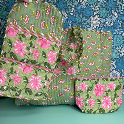 Large Reversible Quilted Tote Bag (Light Green with Pink Flowers & Pink Floral Lining)