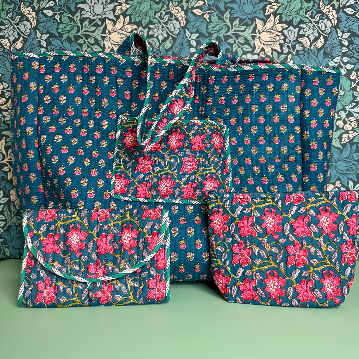 Large Reversible Quilted Tote Bag (Blue with Pink Flowers & Blue Lining)