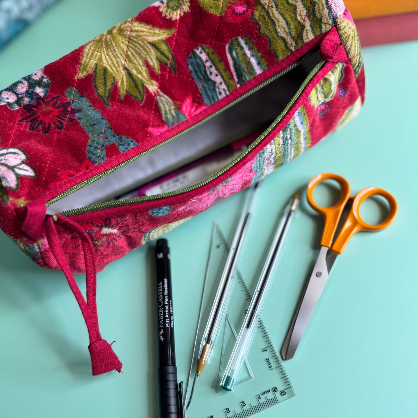 Velvet Barrel Bag (Fuchsia with Flowers)