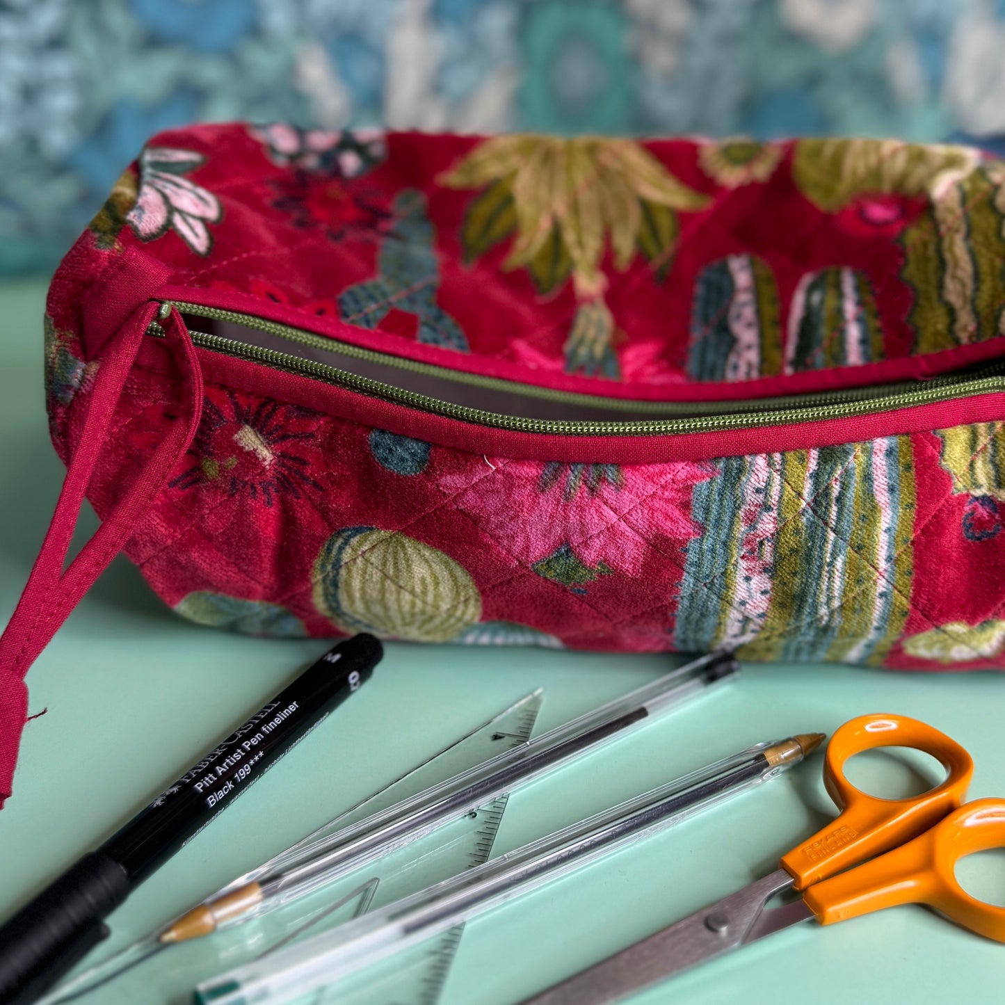 Velvet Barrel Bag (Fuchsia Brush Strokes with Teal Zip)