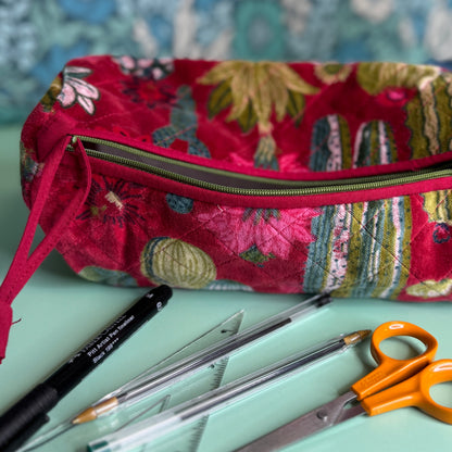 Velvet Barrel Bag (Fuchsia Brush Strokes with Teal Zip)