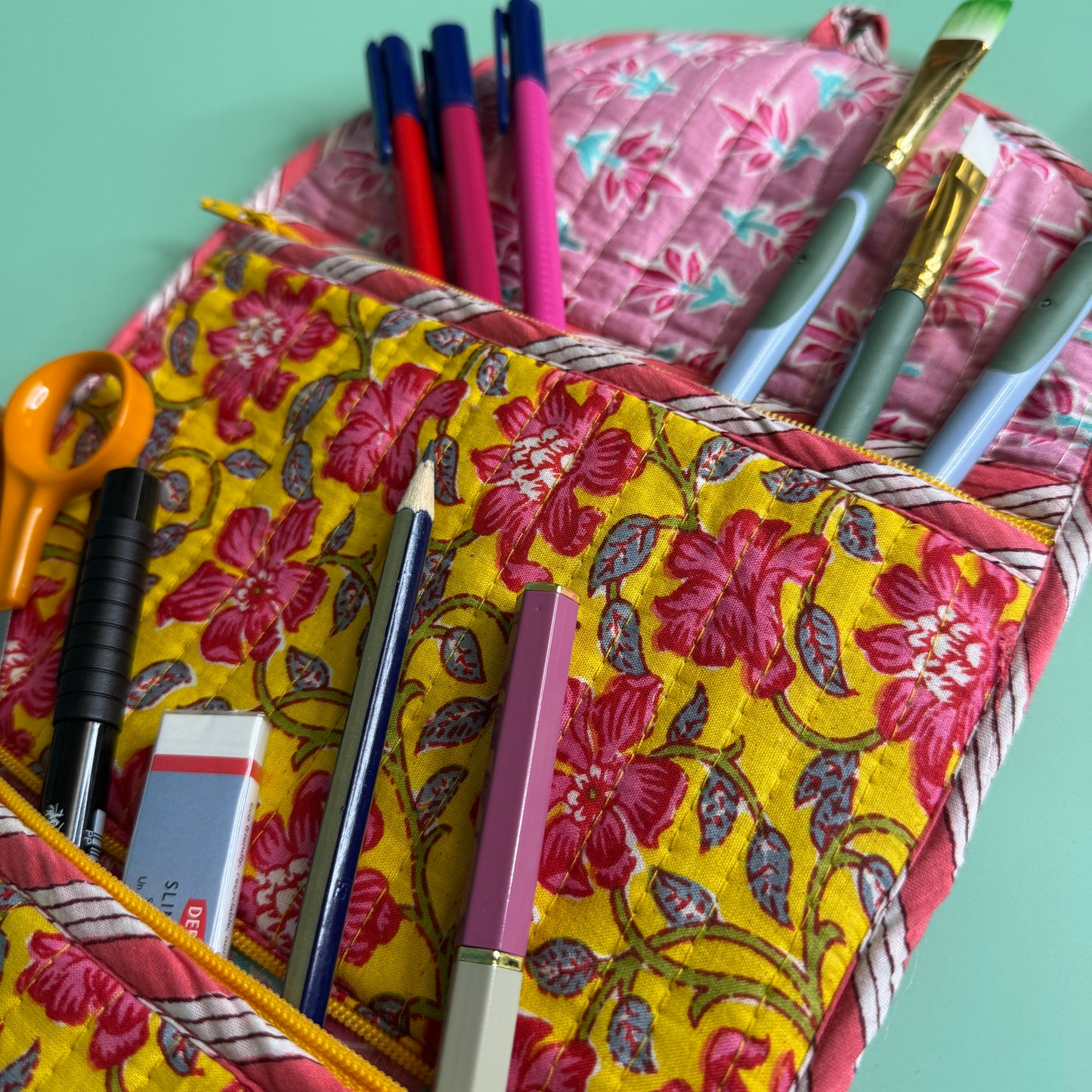 Quilted Really Useful Pouch (Red with Colourful Flowers)