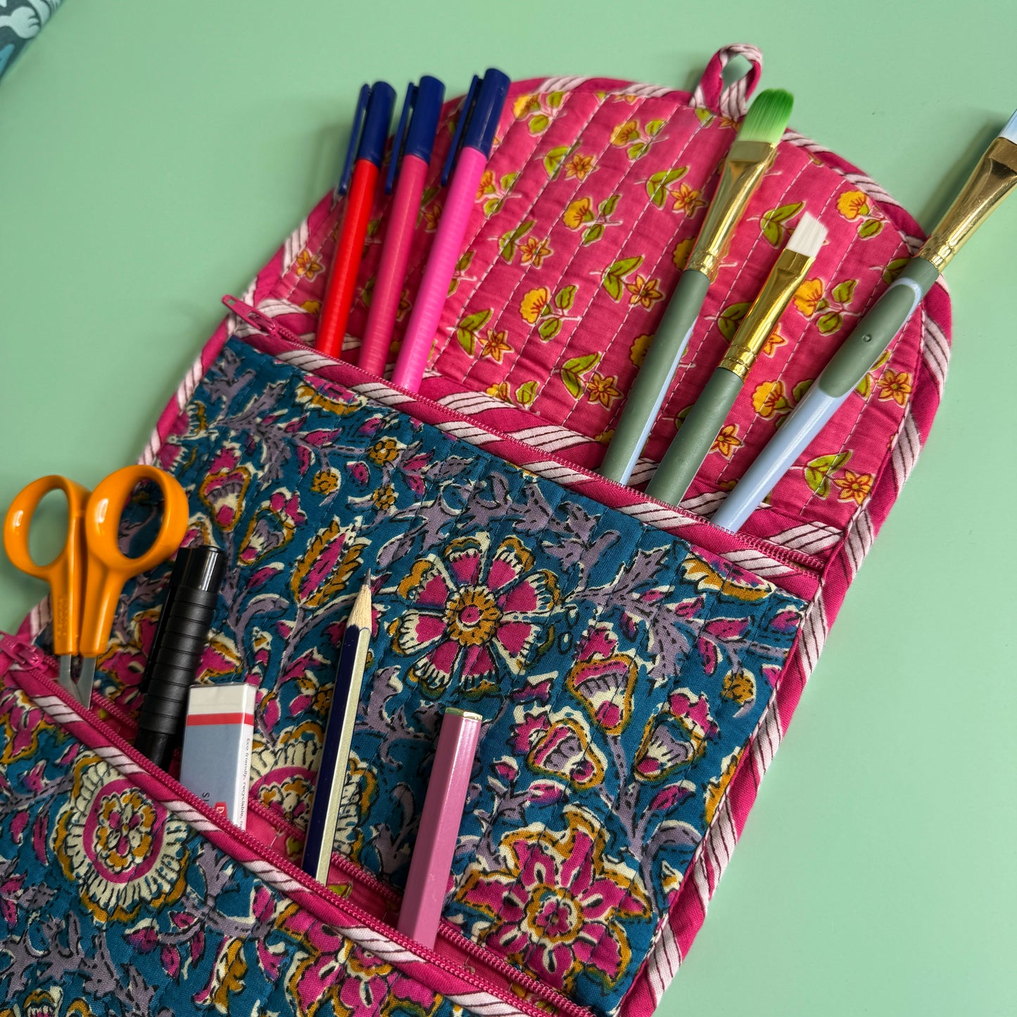 Quilted Really Useful Pouch (Blue with Pink Flowers & Blue Lining)