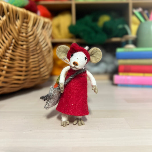 Little Mouse Picking Carrots in a Red Dress